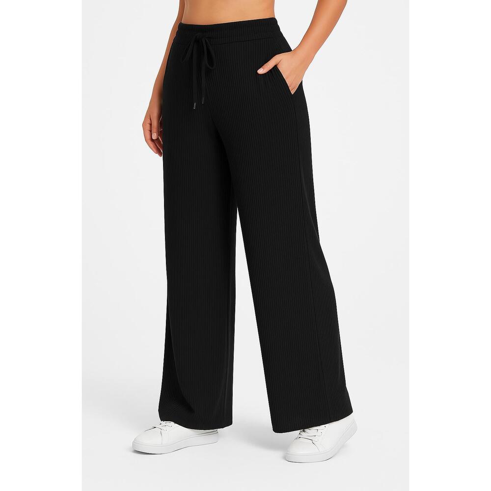 Coofandy Pants Womens Size XL Black Wideleg Ribbed Drawstring Waist Back Pockets